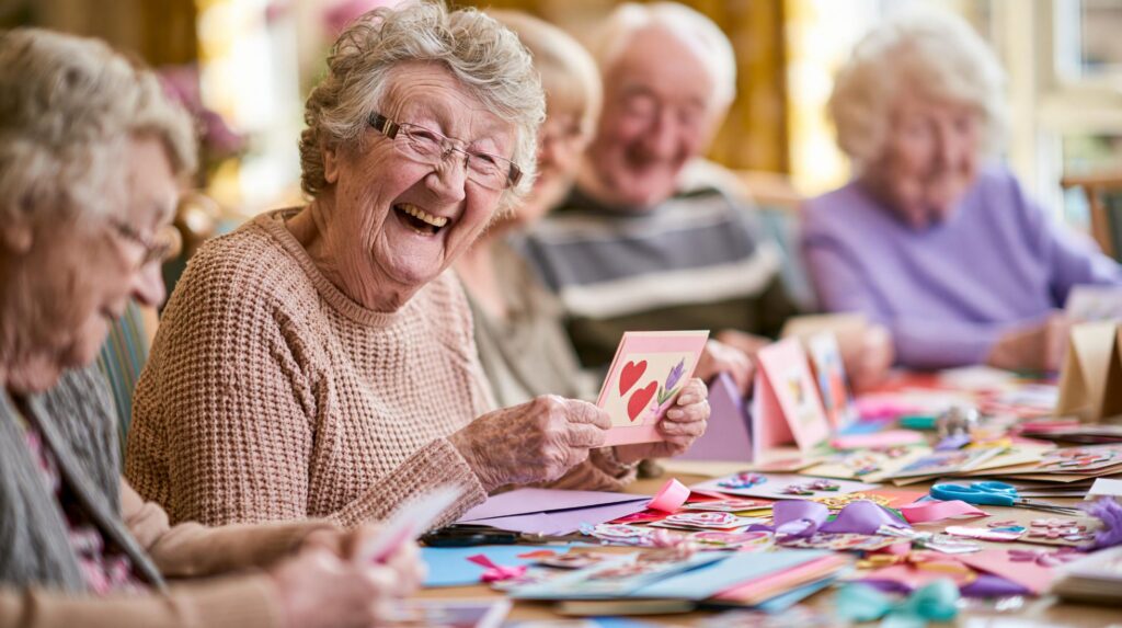 elderly woman laughing during a crafting activity